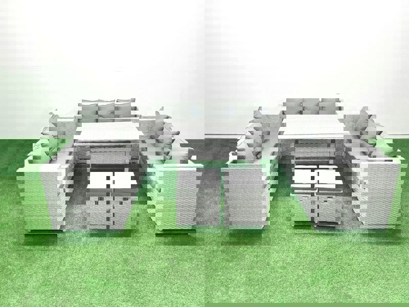 Fimous Rattan Garden Outdoor Furniture Set 11 Seater Garden Sofa Rectangulr Dining Table Set with 2 Small Footstool Light Grey Mixed
