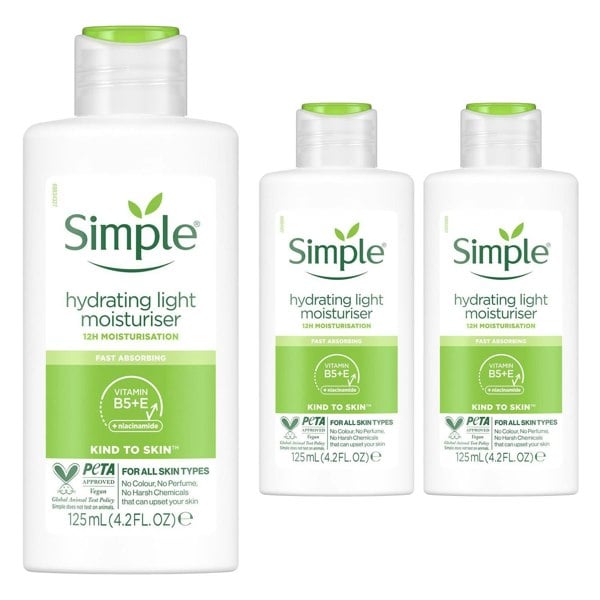 Simple Kind to Skin 12H Hydrating Light Moisturiser for Sensitive Skin 125ml, 3 Pack