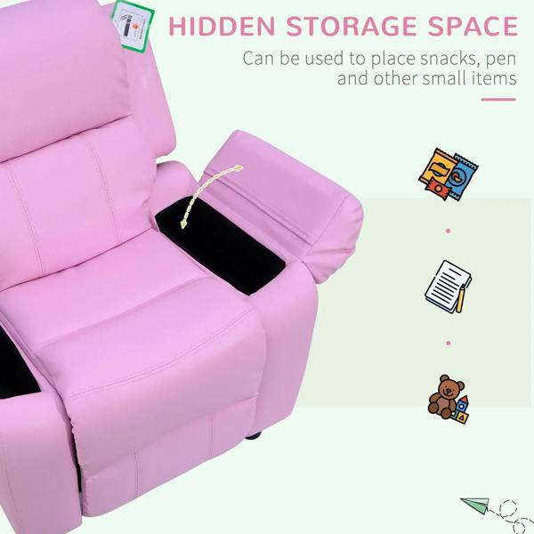 Kids pink PU leather recliner with hidden storage compartment in the armrest
