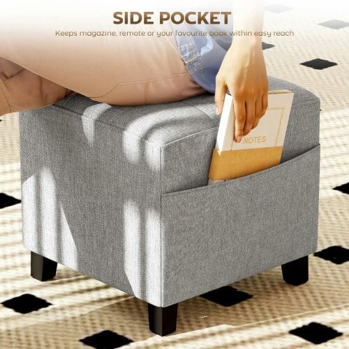 Wyld Haus Linen Light Grey Compact Square Footstool With Side Pocket And Black Wooden Legs