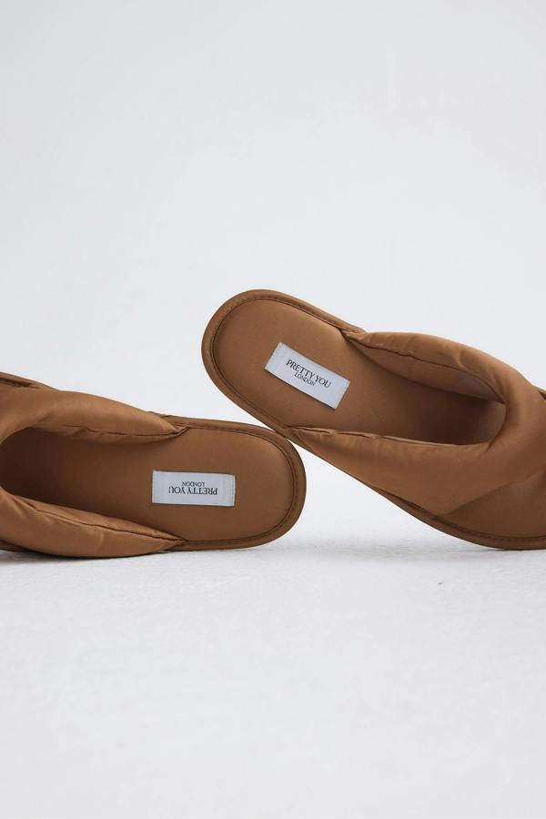 Pretty You London Satin Thong Sandal In Toffee
