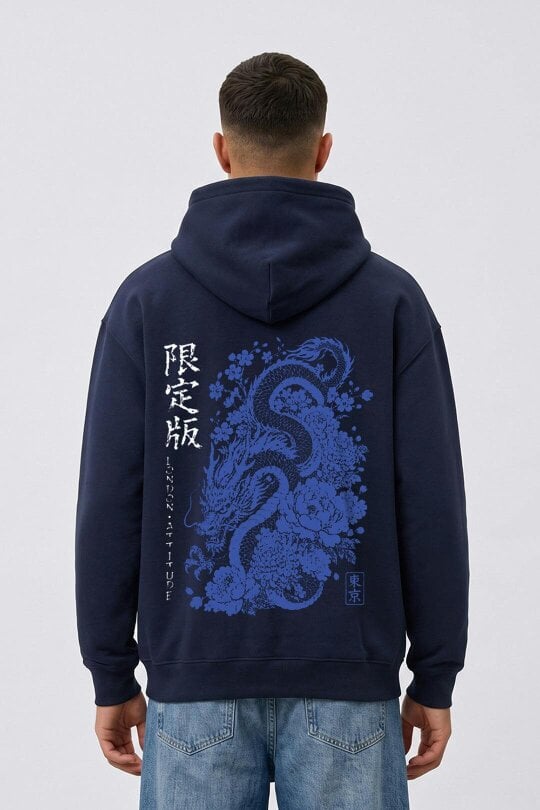 London Attitude Oversized Heavyweight Japanese Dragon Graphic Hoodie