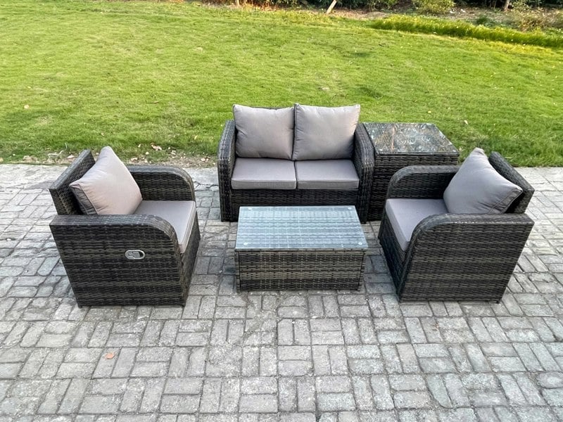 Fimous 5 PC Outdoor PE Rattan Garden Furniture Set Wicker Love Sofa Coffee Table 2 Armchair Side Table Dark Grey Mixed