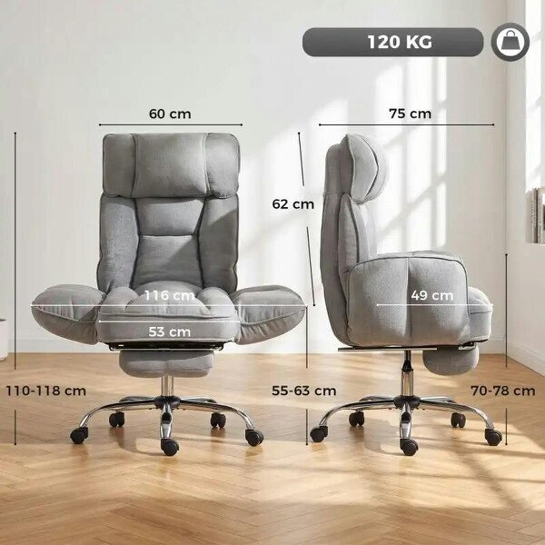Executive Office Chair Height Adjustable Desk Chair Reclining Flip-up Armrest Footrest, Grey