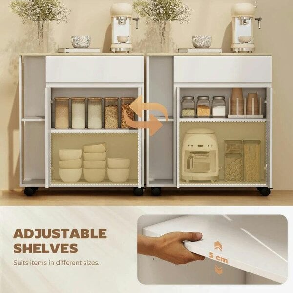 Kitchen Storage Trolley Cart with Cabinet, Drawer and Open Shelves, White