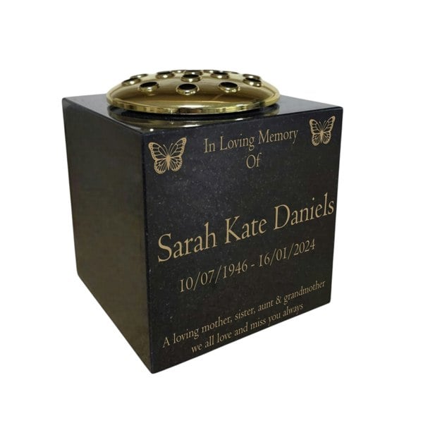 Memorials Direct Granite Memorial Vase- Solid Granite – Free Personalised Gold Engraving , Butterfly – Includes Metal Flower Pot Insert