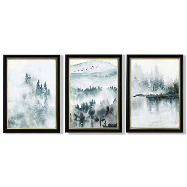 Artze Wall Art Teal Blue Abstract Forest Lake Set of 3 Framed Wall Art