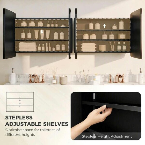 76.2 x 11.6 x 61 cm Bathroom Mirror Cabinet, Wall Cabinet with Adjustable Shelves, Wall-Mounted or Recessed, Black