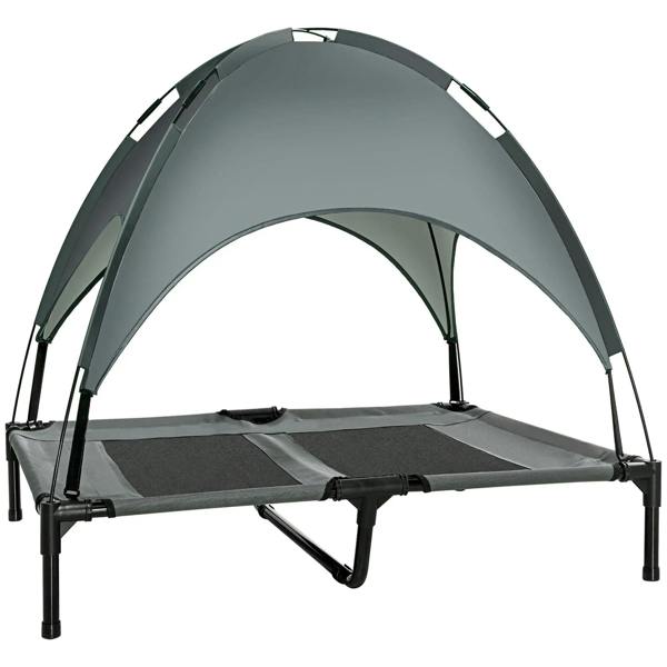 Grey elevated pet cot with breathable mesh canopy and arched cover frame