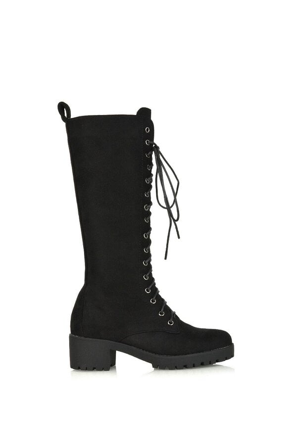 XY LONDON Lace Up Block High Heel Knee High Biker Boots