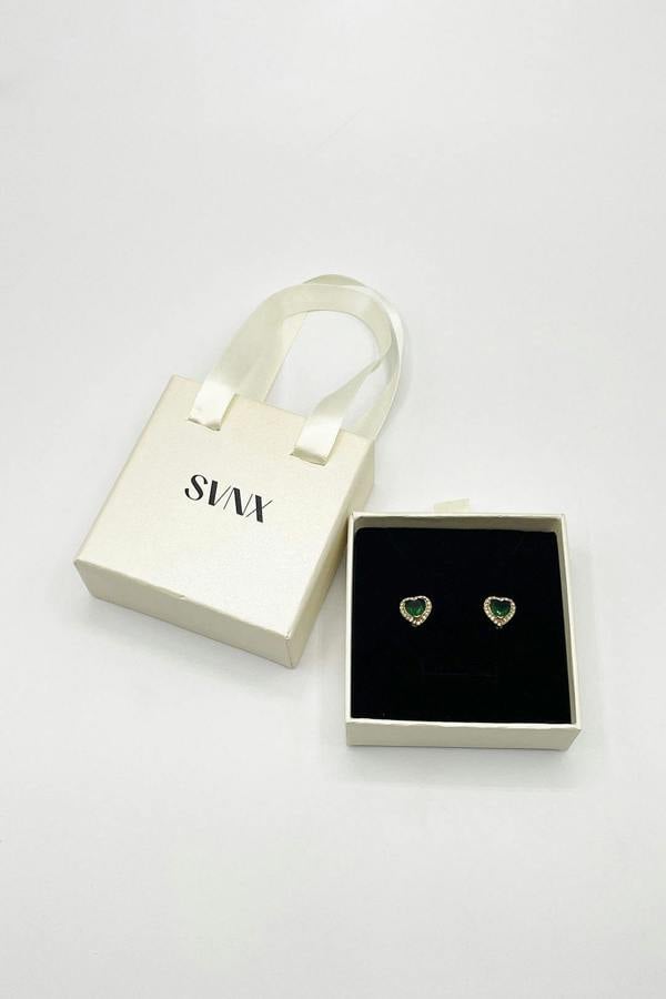 SVNX Emerald Green Diamante Heart Earrings in Gold - Gift Boxed