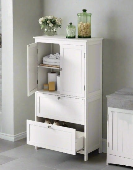 Modcraft White Bathroom Storage Cabinet – Kitchen Cupboard with 2 Drawers, 2 Doors & Adjustable Shelf, 110cm Tall
