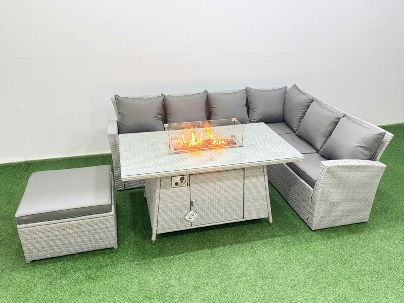 Fimous 7 Seat Rattan Garden Furniture Corner Sofa Set Outdoor Gas Fire Pit Table Set with Big Footstool Light Grey
