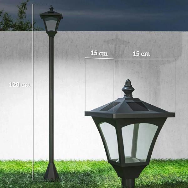 Black outdoor solar lamp post with lantern head and slender tapered pole