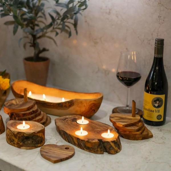 Olive Wood Candle Holders - 1
