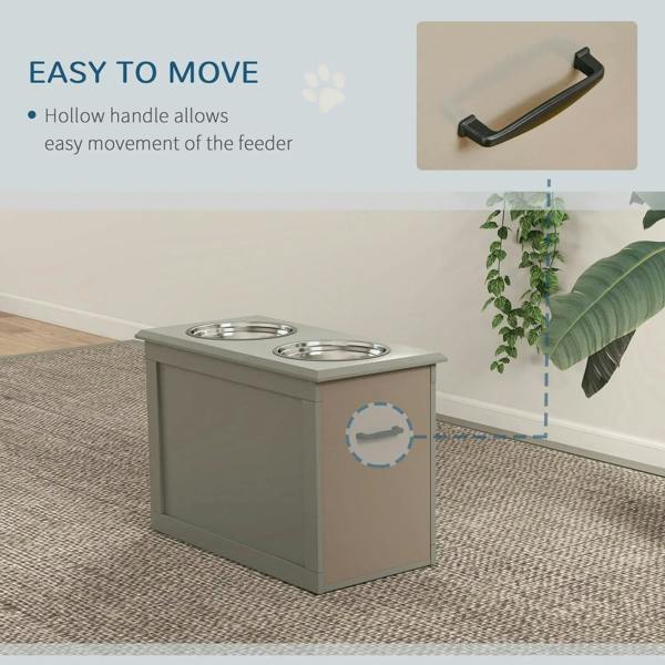 Grey dog bowl feeder with storage and hollow handle for easy moving.