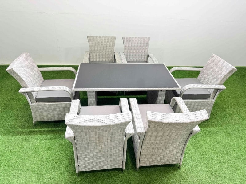 Fimous Wicker PE Rattan Garden Furniture Set Patio Outdoor 6 Chairs Plus Rectangular Dining Table Set Light Grey Mixed