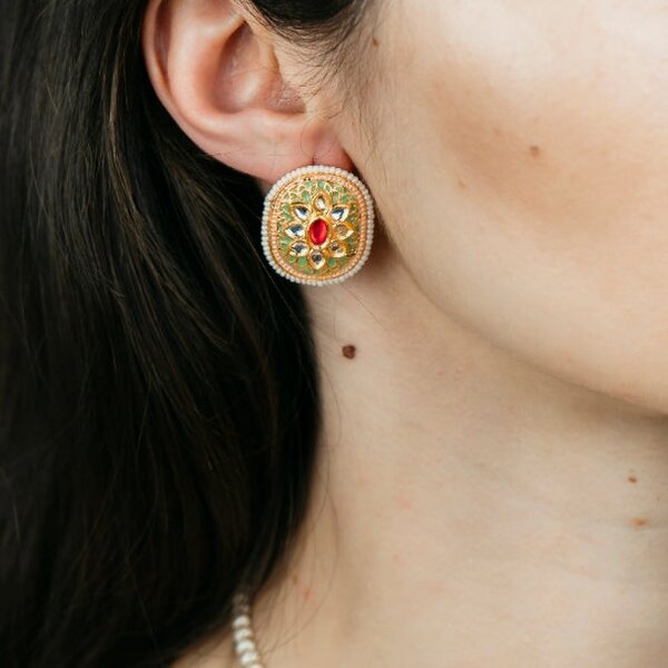 The Colourful Aura Pink Floral Indian Meenakari Enamel Kundan Stone Studs Ethnic Earrings - Green