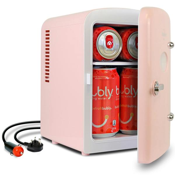 Koolatron 4L Mini Fridge For Bedrooms 6 Can Table Top 12V Portable Cooler Skincare Pink