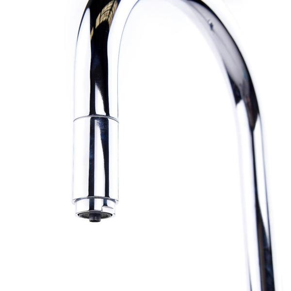 close up of a modern round neck pull out chrome boiling water tap on a white background