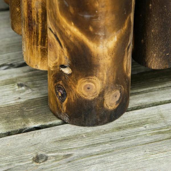 Close-up of a wooden planter leg resting on a wooden deck surface