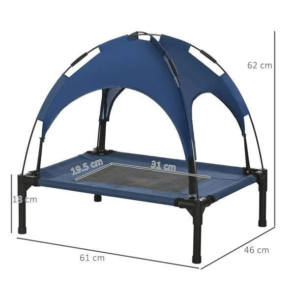 Blue raised pet cot with canopy, view showing overall size dimensions