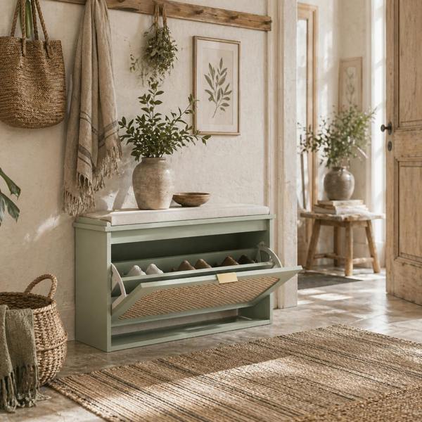 Wyld Haus Rikena Coyo Wooden Light Green Boho Style Shoe Bench With Cushioned Seat And Flip Drawer
