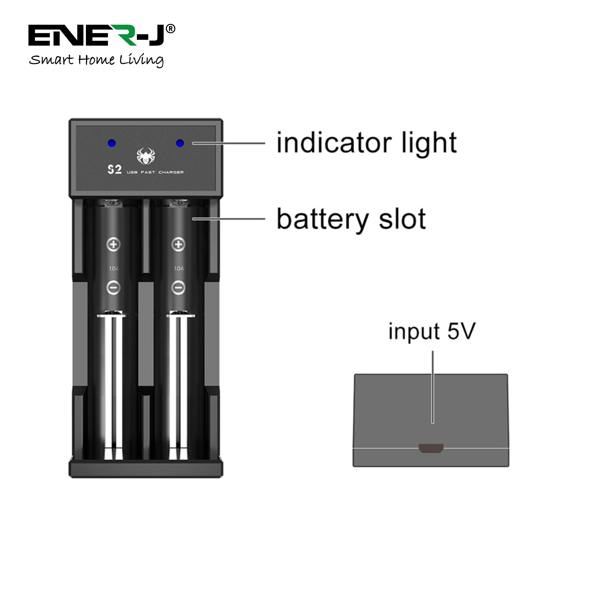 ENER-J USB Dual Battery Fast Charger for Rechargeable 18650 18650 18490 17500 16340 (Li-ion/IMR/INR/ICR) Batteries, 2-Slot Adjustable Charger