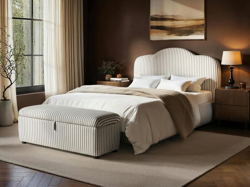 SOLACE+CO Skylynn Ottoman Blanket Box Cream Striped Woven Fabric Cream