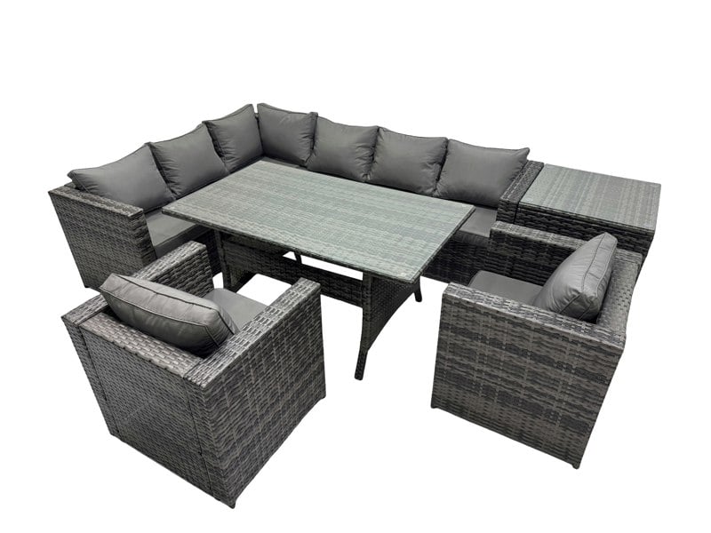 Fimous Outdoor PE Rattan Sofa Set with Dining Table Patio Garden Furniture Sets with Side Table Dark Grey Mixed