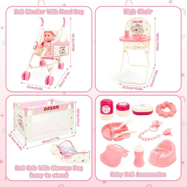 deAO Toys 24-Piece Baby Doll Care Playset – Includes Stroller, High Chair, Travel Cot, Feeding Accessories & Realistic Doll for Kids 3+