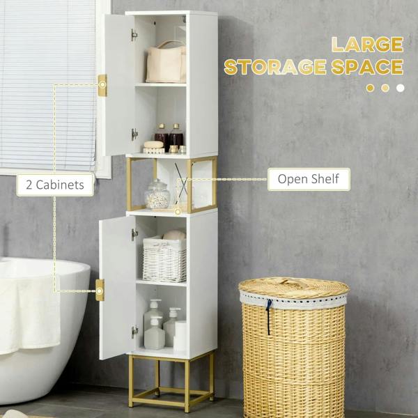 White bathroom tallboy cabinet with open shelves and gold metal base for storage