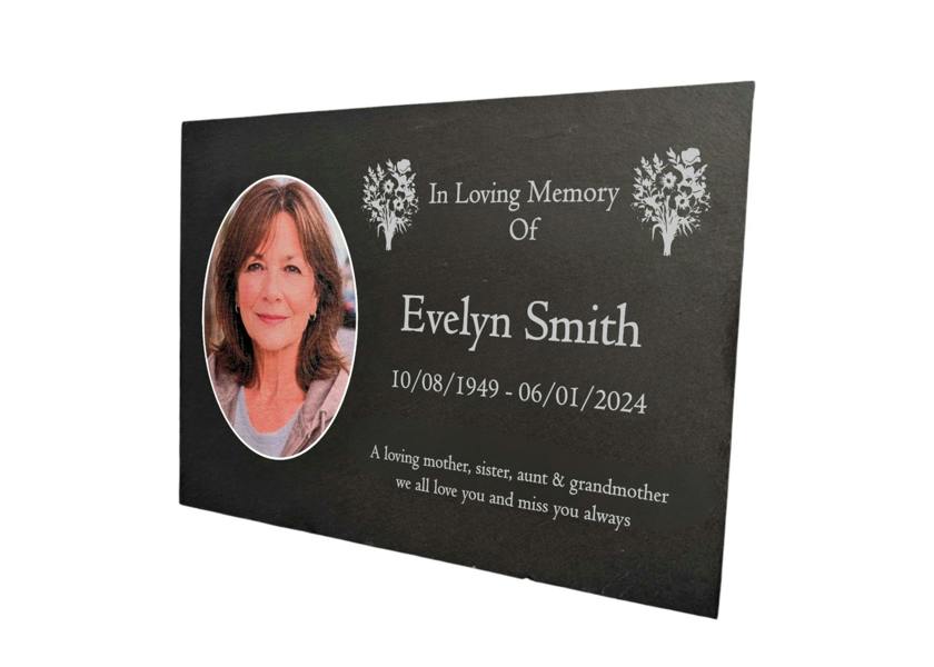 Memorials Direct Photo Slate Memorial Plaque, Mixed Flowers, Add a Portrait & Personalised Text | 35×25cm (14×10”)