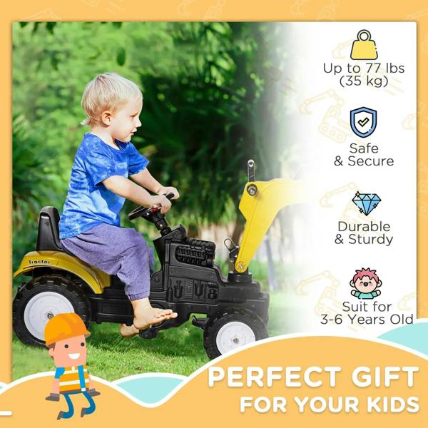 Kids yellow pedal digger ride-on on box art, featuring black seat and steering wheel