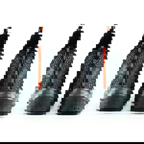 Scruffs Argon Mens Safety Bungee Lace Lightweight Composite Trainers, rear view of black and gray athletic shoes with red and black pull tabs