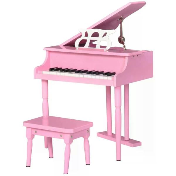 Pink mini kids piano set with music stand and matching bench