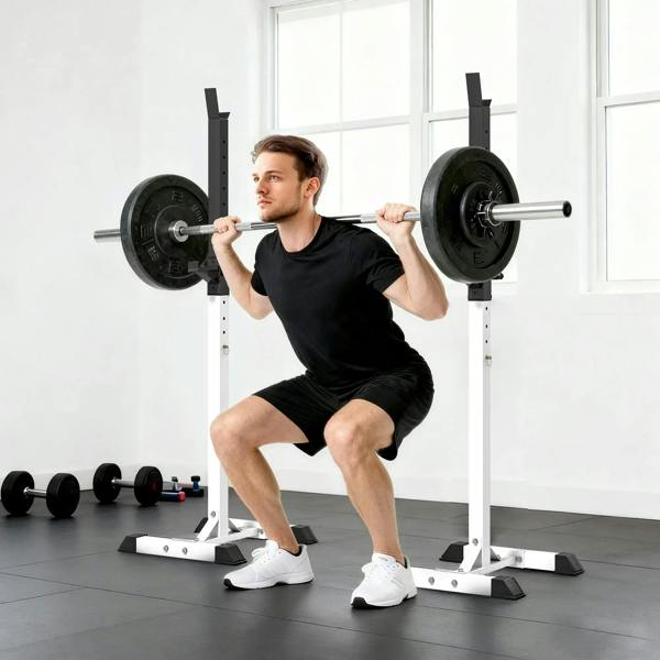 Black barbell squat stand rack with safety arms and plate holders during a squat