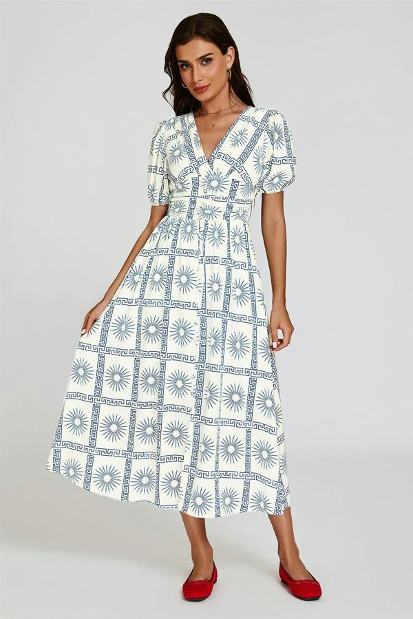 FS Collection Geo Print Midi V neckline Dress In White