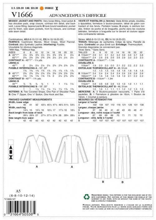 Vogue Sewing Pattern 1666, Jackets, Trousers, Suits for Women, E5 (14-16-18-20-22) - Advanced