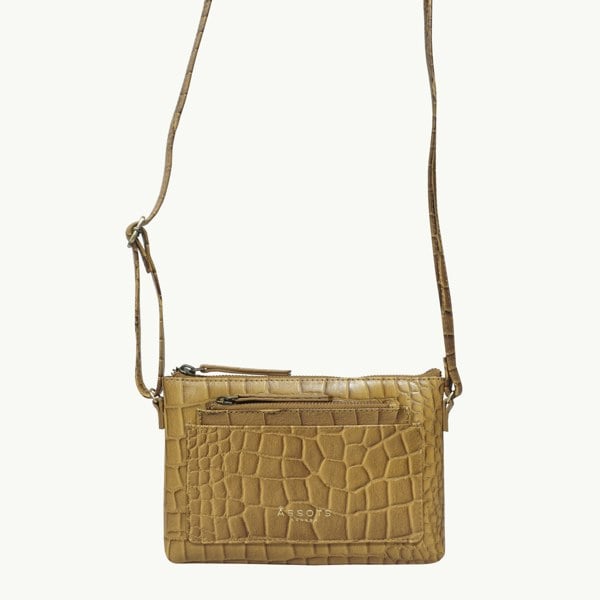 Assots London 'ARIA' Mustard Croc Real Leather Crossbody Bag & Purse Set
