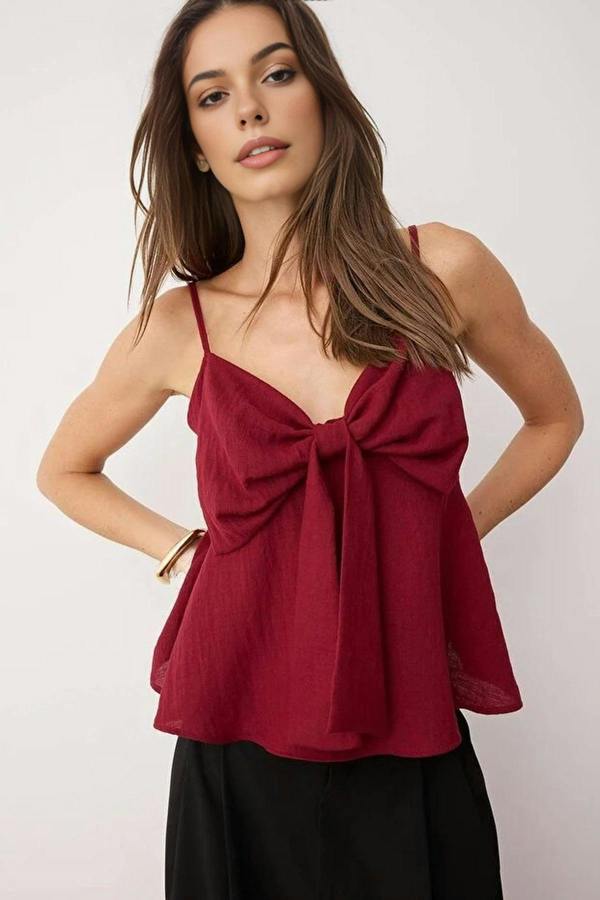 WOVCOR Linen-Look Woven Blouse with Bow Detail