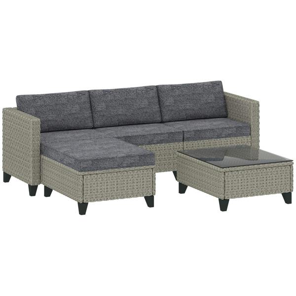 Dark grey rattan patio corner sofa with sectional cushions and matching footstools