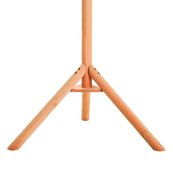 Wooden tripod stand base for bird feeding table, natural wood finish.
