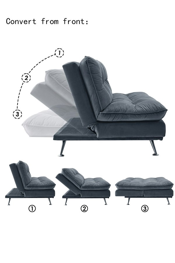 Living and Home Grey Button Tufted Flannel Upholstered Sofa Bed, Two Conversion Methods