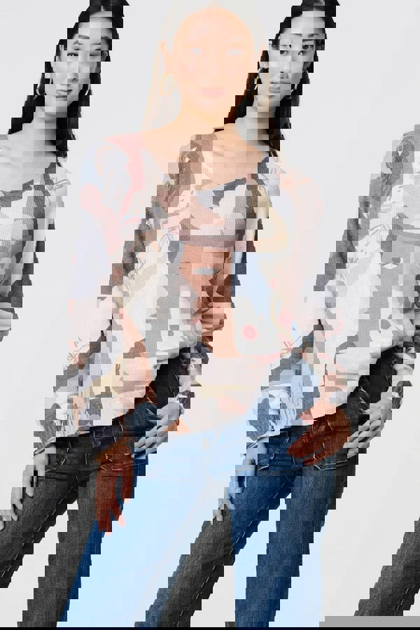 Grey | Abstract Print Long Sleeve Knit Top
