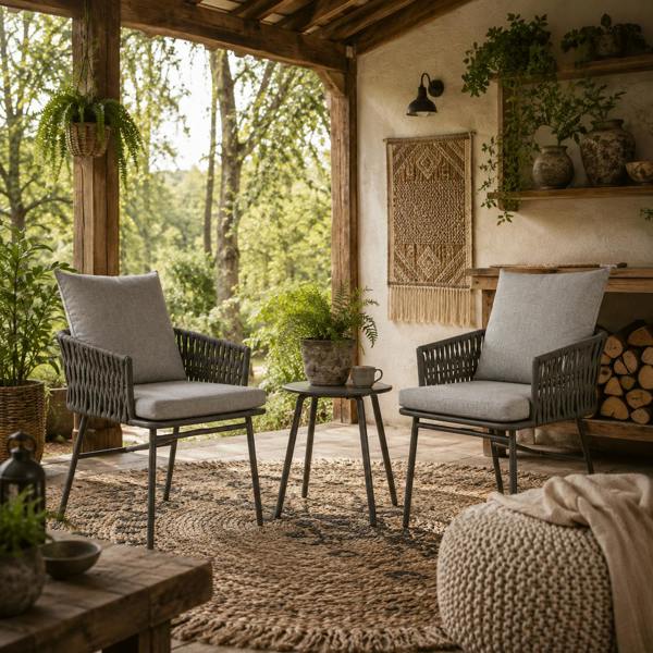 Wyld Haus Sunoco Grey Rattan Weave Rope 3 Piece Bistro Set With Cushions And Glass Coffee Table