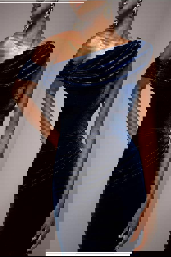 Cowl One Shoulder Velvet Maxi Dress - Navy Blue DR4504