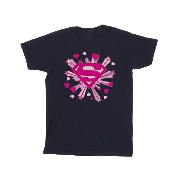 DC Comics Girls Superman Pink Hearts And Stars Logo Cotton T-Shirt - Navy Blue