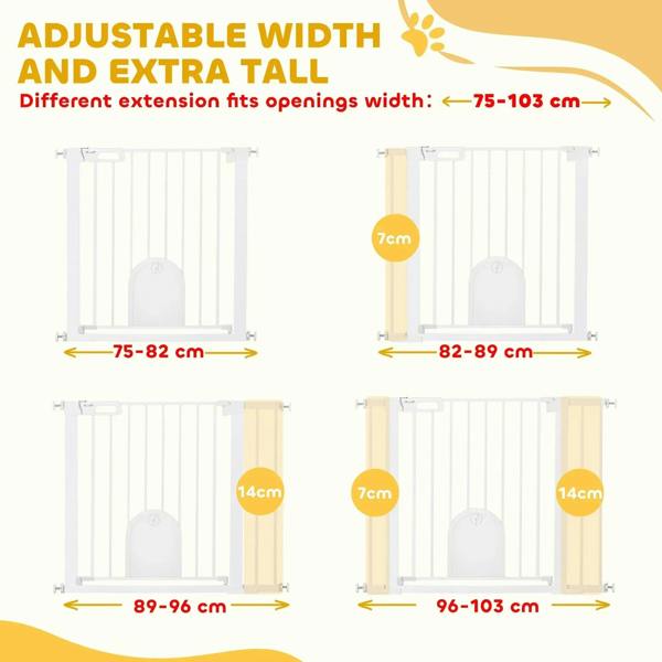 White pet safety gate with adjustable width extensions; multiple fit measurements shown