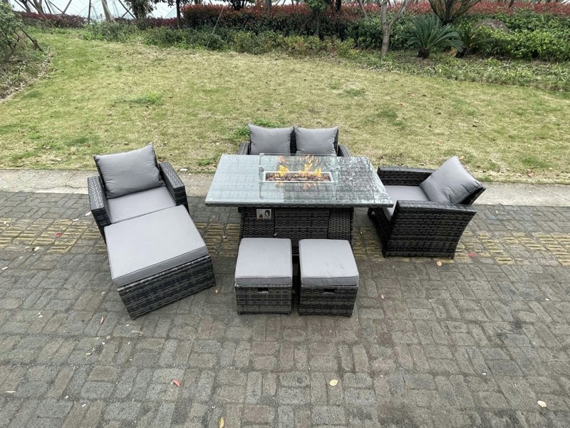 Fimous Rattan Outdoor Furniture Gas Fire Pit Rectangle Dining Table Gas Heater Chairs Two Seater Love Sofa Sets 3 Footstools 7 Seater